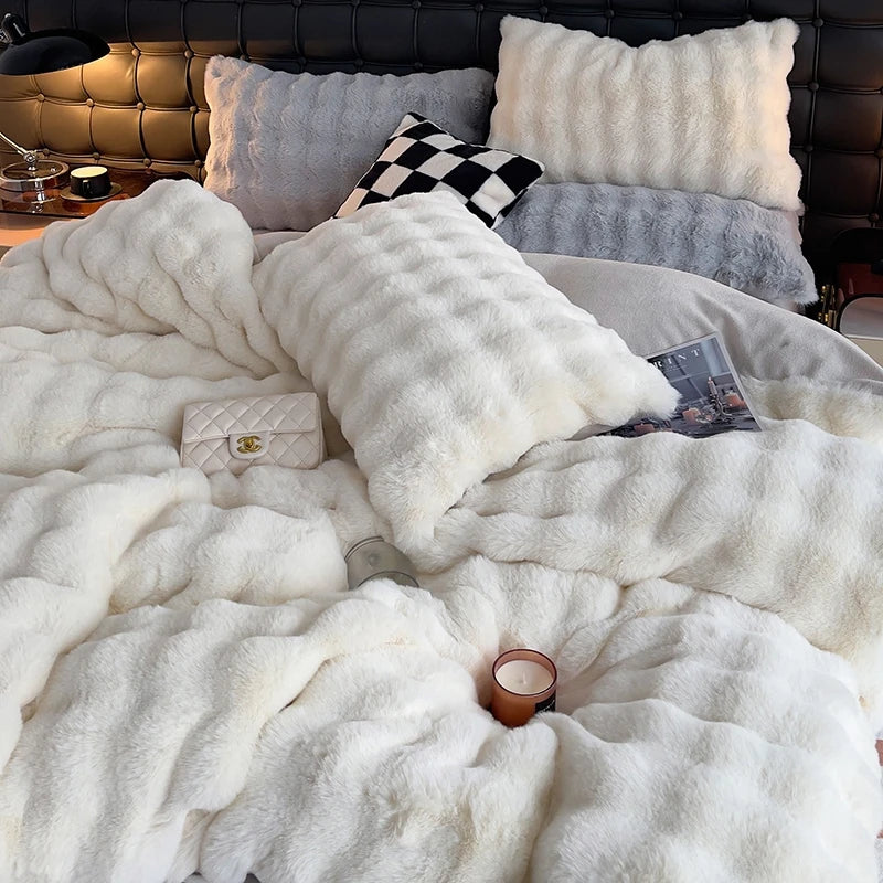 Afralia™ Plush Shaggy Faux Rabbit Fur Bedding Set: Duvet Cover, Bed Sheet, Pillowcases