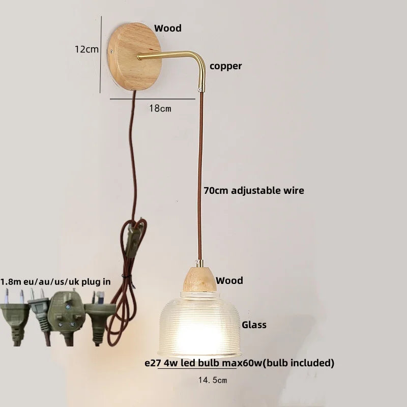 Afralia™ Clear Glass LED Wall Lights with Wood Pull Chain Switch - Modern Copper Stair Light