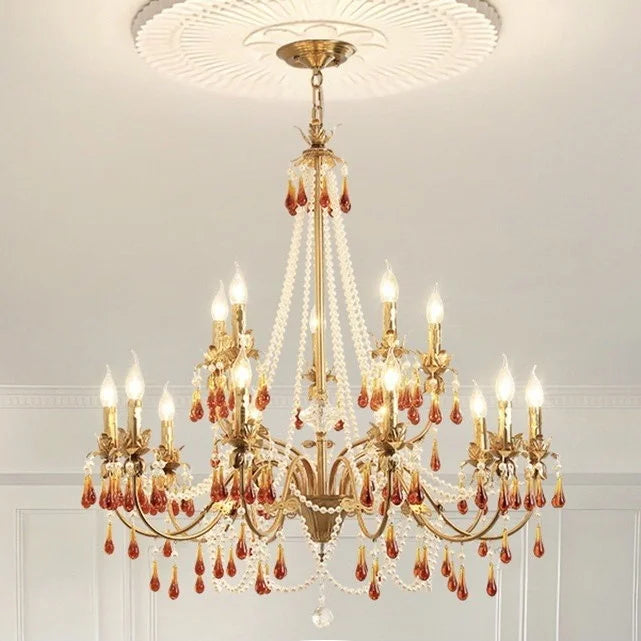 Afralia™ Luxury Red Crystal Candle Chandelier LED Pendant Light - Copper E14 Glamourizing Luminarias