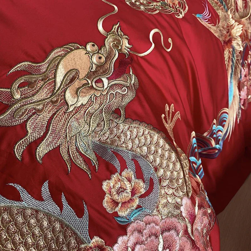 Afralia™ Gold Loong Phoenix Embroidery Queen Bedding Set, Luxurious Brushed 4Pcs Set