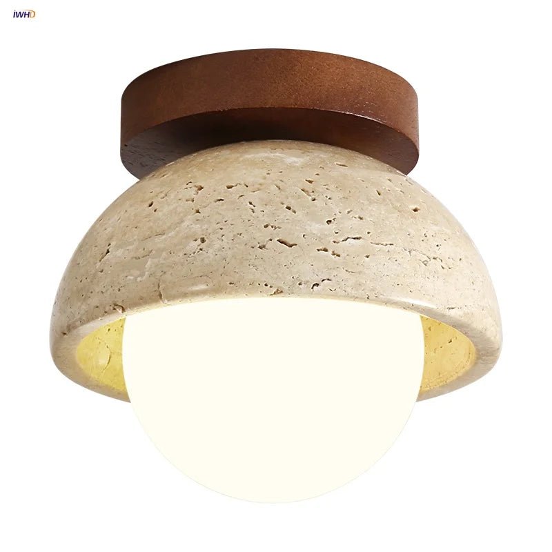 Afralia™ Yellow Cave Stone LED Ceiling Lamp Wood Canopy G9 White Glass