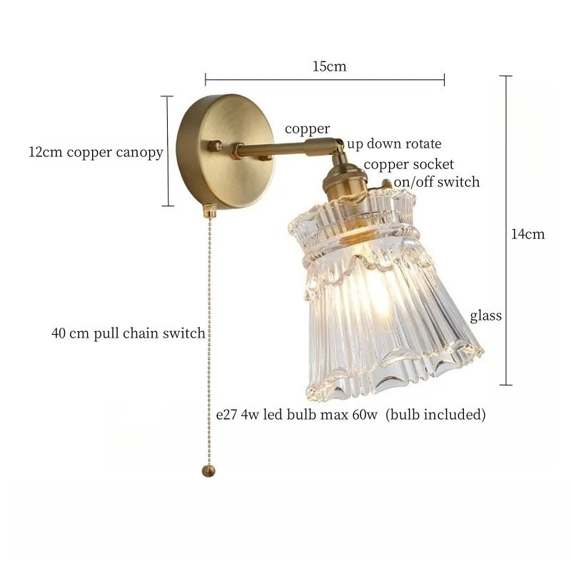 Afralia™ Clear Brass Glass LED Wall Lamp Pull Chain for Living Room Bedroom Loft