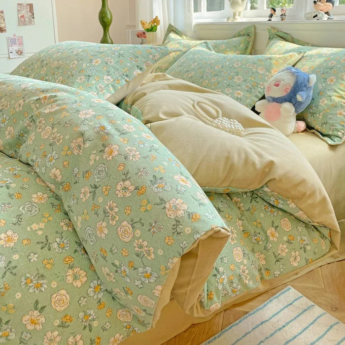 Afralia™ Plant Printed Cotton Brushed Duvet Cover Set for Double Bed