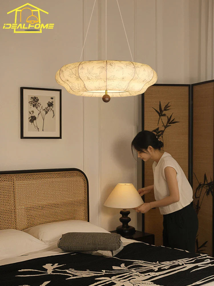 Afralia™ Retro Solid Wood Fabric Hanging Lamp LED E27 Medieval Romantic Bedroom Decor