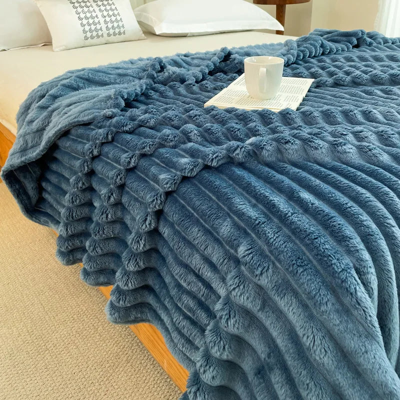 Afralia™ Faux Rabbit Plush Striped Blanket: Nordic Coral Velvet Carpet for Napping & Quilting.