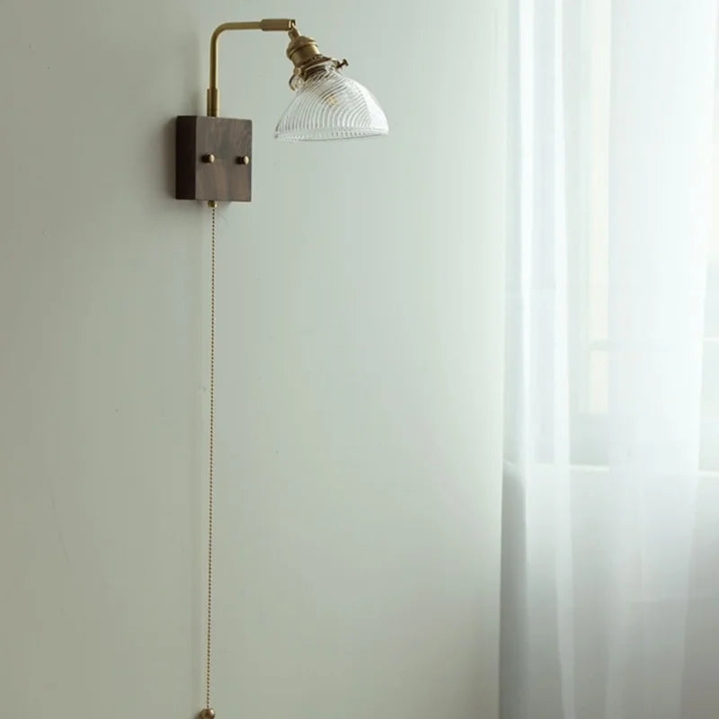 Afralia™ Walnut Wood LED Wall Sconce with Glass Shade & Pull Chain Switch