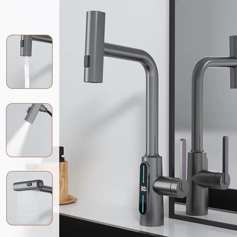 Afralia™ Brass Kitchen Faucet Pull Out Mixer Tap in White Gray
