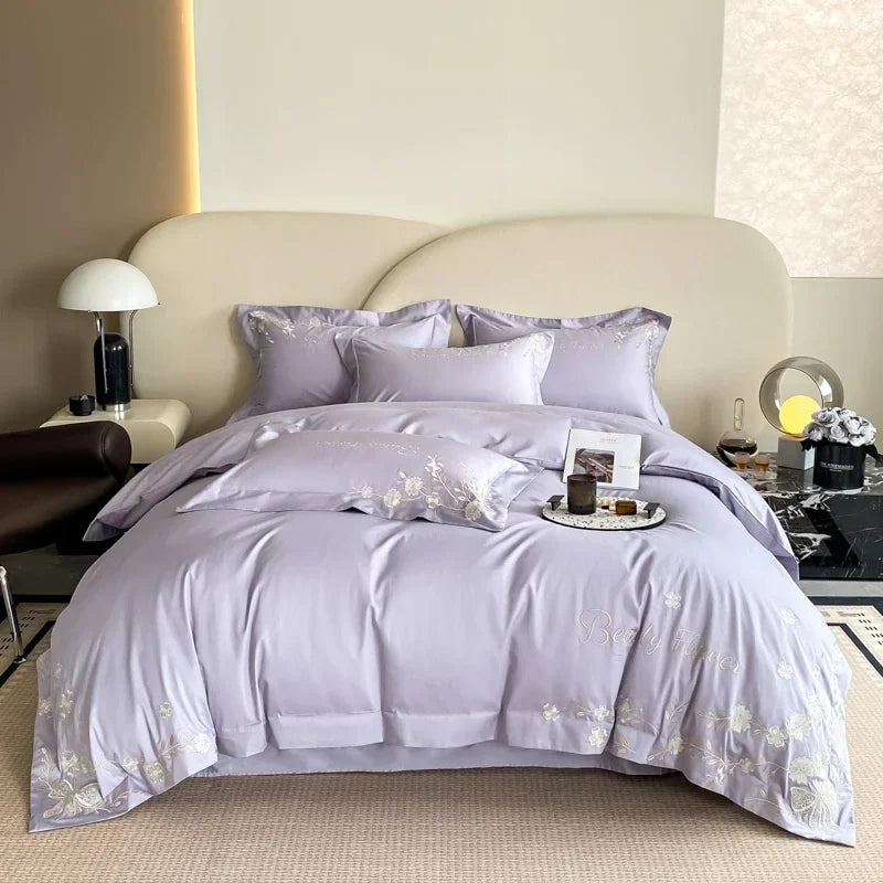 Afralia™ Embroidery Cotton Bedding Set: King Queen Europe Sheet Duvet Cover Pillowcase Bed Linens