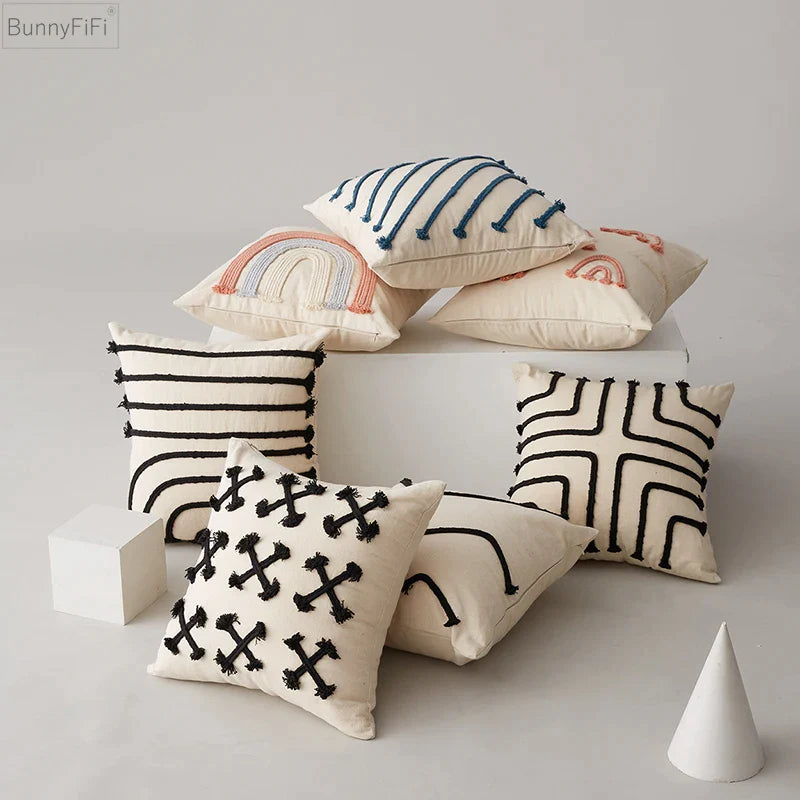 Afralia™ Rainbow Black Stripe Pillow Cover 45x45cm Embroidery Pink Living Room Bed