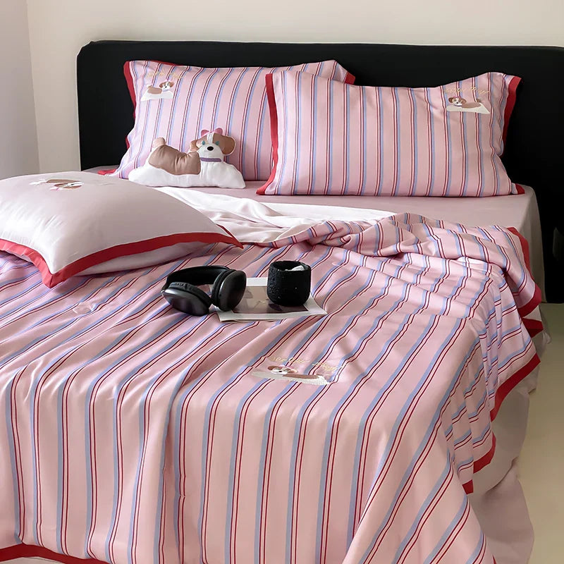 Afralia™ Cool Lyocell Fiber Striped Summer Blanket Set with Pillowcase