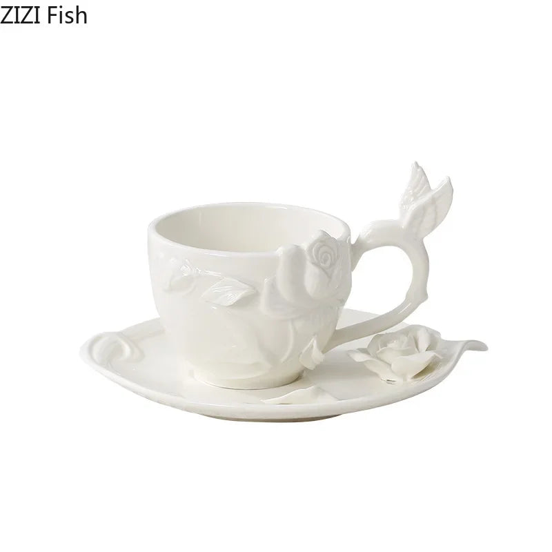 Afralia™ Rose Floral Ceramic Cup&Saucer Set for Elegant Dining and Coffee Enjoyment