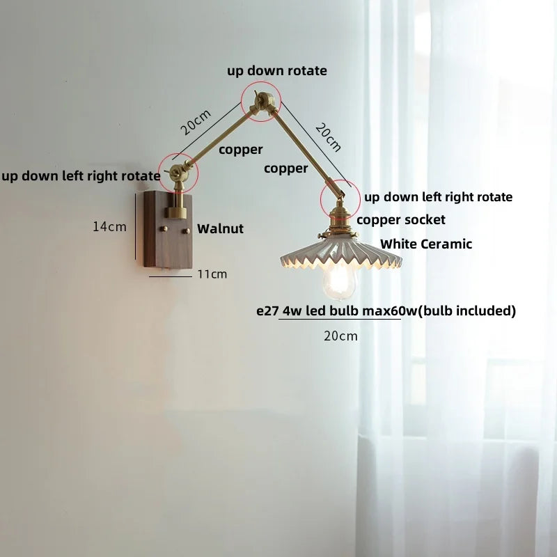 Afralia™ Ceramic Ball Brass Walnut Wood Wall Light with Pull Chain Switch