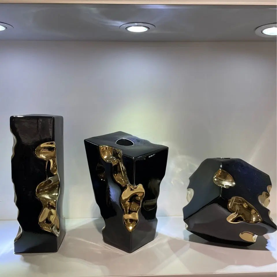 Afralia™ Golden Notch Ceramic Vase Geometric Square Design Home Decor Accessory