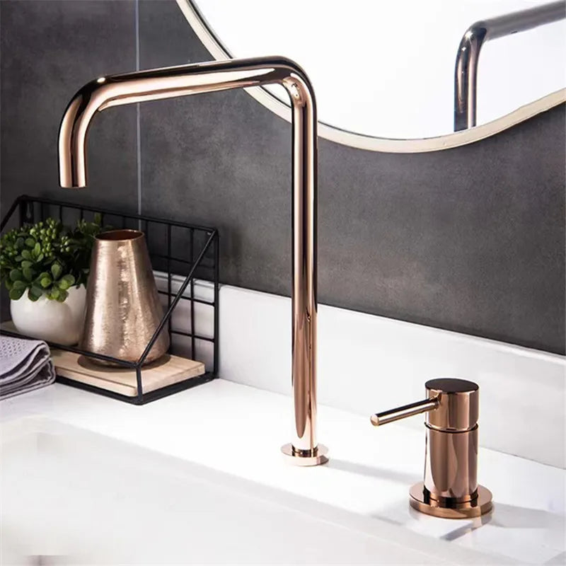 Afralia™ Rose Gold Widespread Basin Faucet - 360° Rotating Two Hole Bathroom Tap