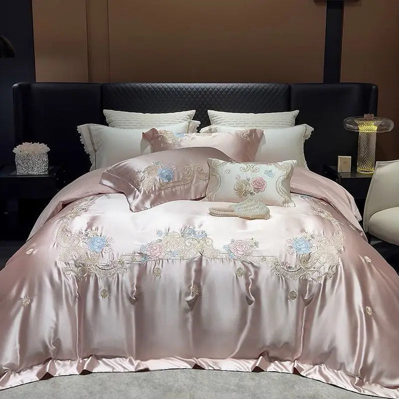 Afralia™ Luxe Brocade Cotton Flowers Embroidery Bedding Set Cream/Champagne Patchwork