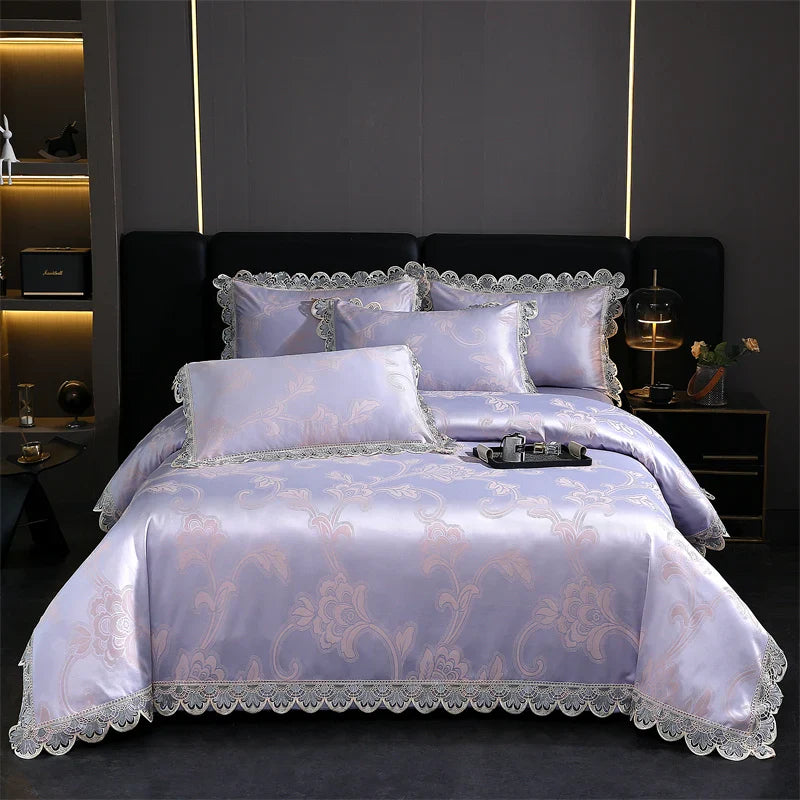 Afralia™ Golden Jacquard Cotton Lace Bedding Set - Silky Soft Duvet Cover, Flat Sheet, Pillowcase