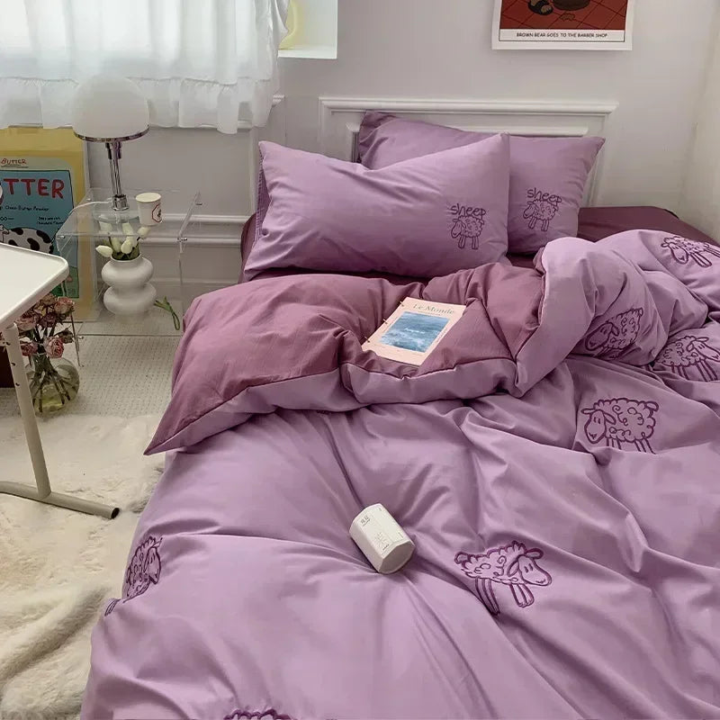 Afralia™ Cute Bear & Sheep Embroidery Bedding Set for Single/Double Bed