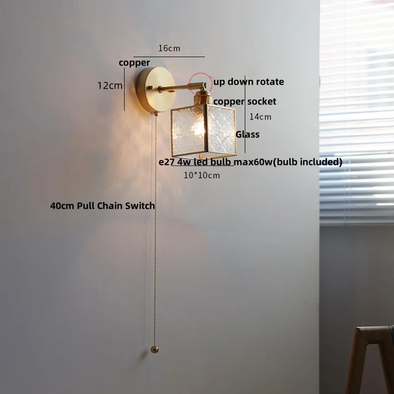 Afralia™ Glass Wall Sconce Vintage LED Rotate Pull Chain Switch Light