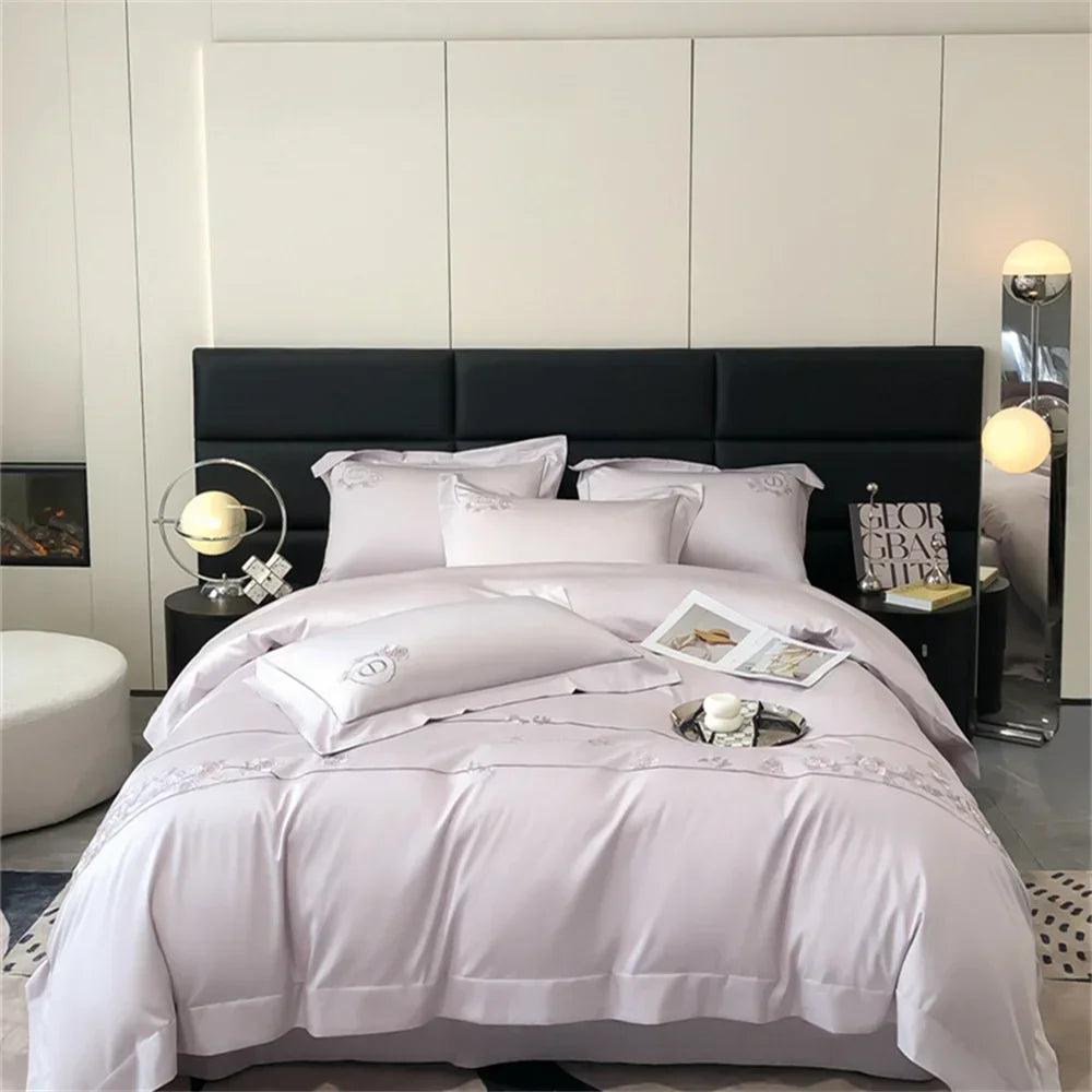 Afralia™ Pale Mauve Flowers Embroidery 1000TC Egyptian Cotton Bedding Set - Queen King Size