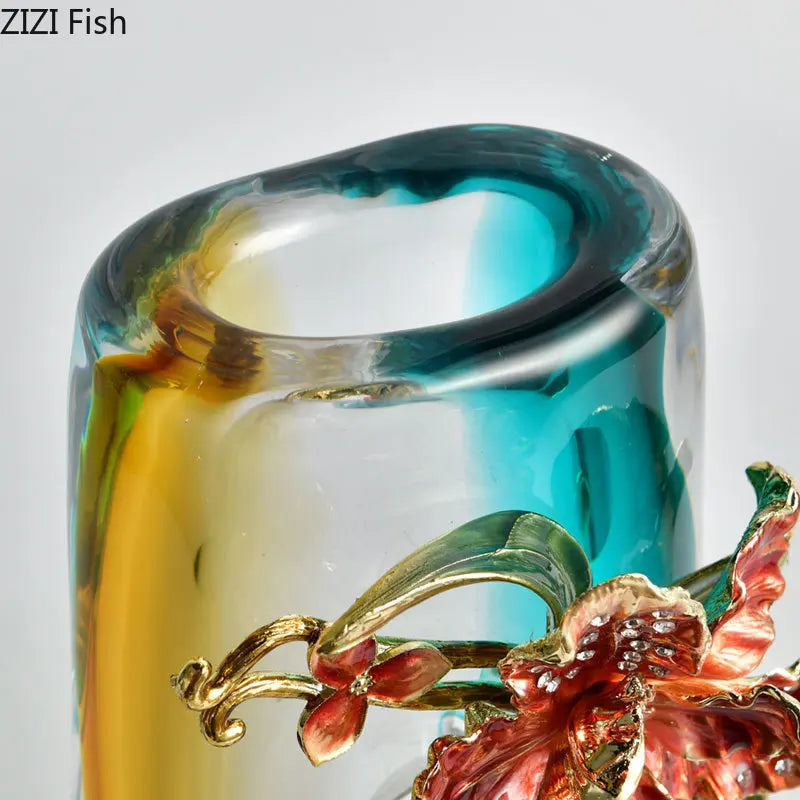 Afralia™ Blue Gradient Glass Vase Desk Decoration Floral Relief Room Decor