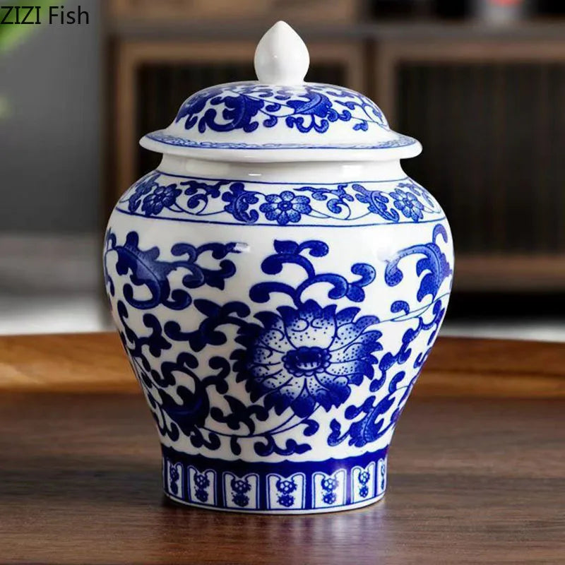 Afralia™ Blue & White Porcelain Tea Canister | Ceramic Sealed Caddy Jar