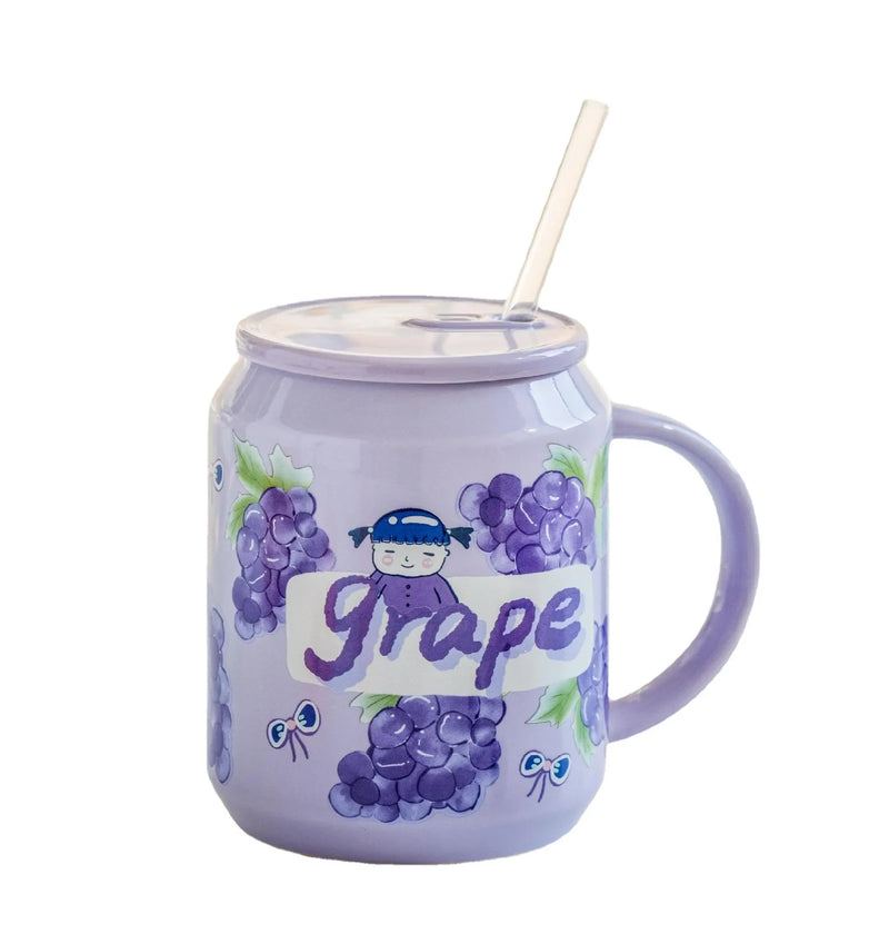 Afralia™ Fruit Shape Ceramic Mug with Lid and Straw, Cute Korean Style Design