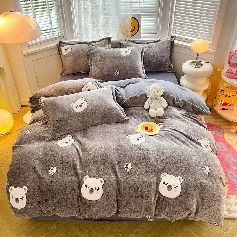 Afralia™ Flower Print Thicken Winter Bedding Set for Single Double Bed