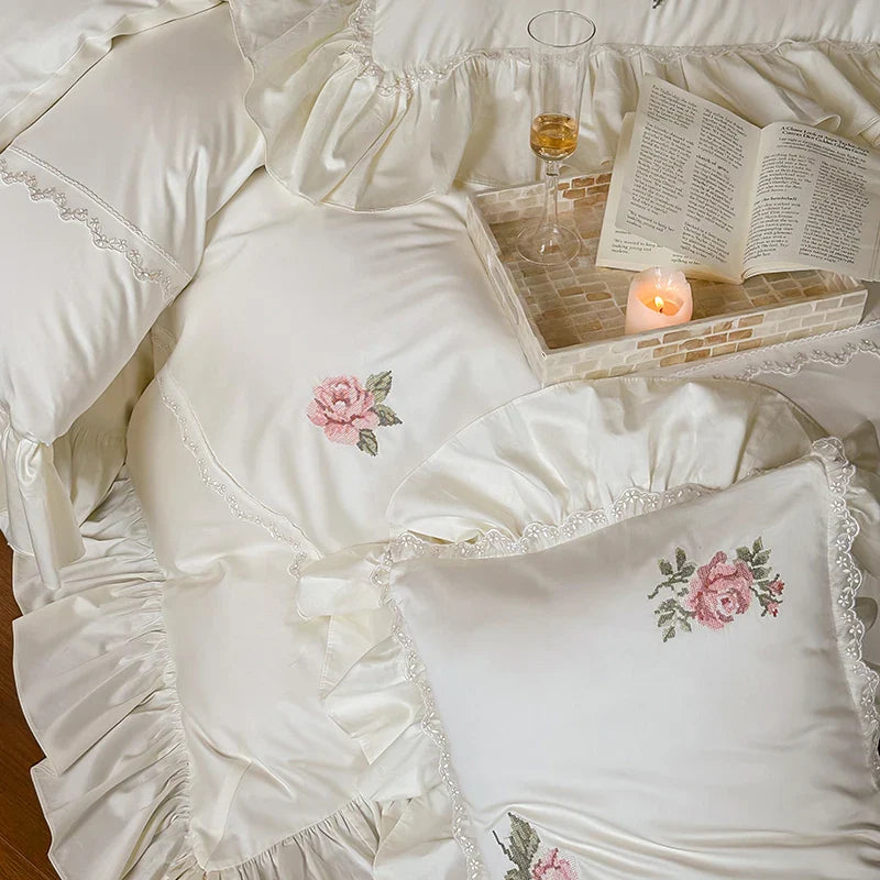 Afralia™ Vintage Lace Ruffles Embroidery Bedding Set with 1000TC Egyptian Cotton