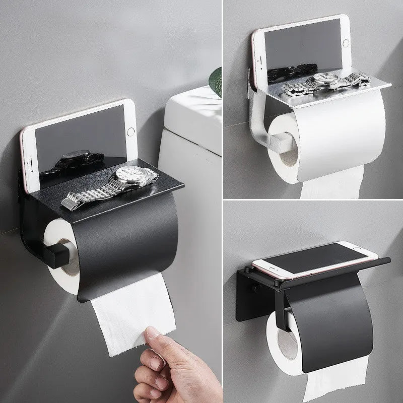 Afralia™ Black Toilet Paper Holder with Silver Phone Storage Shelf