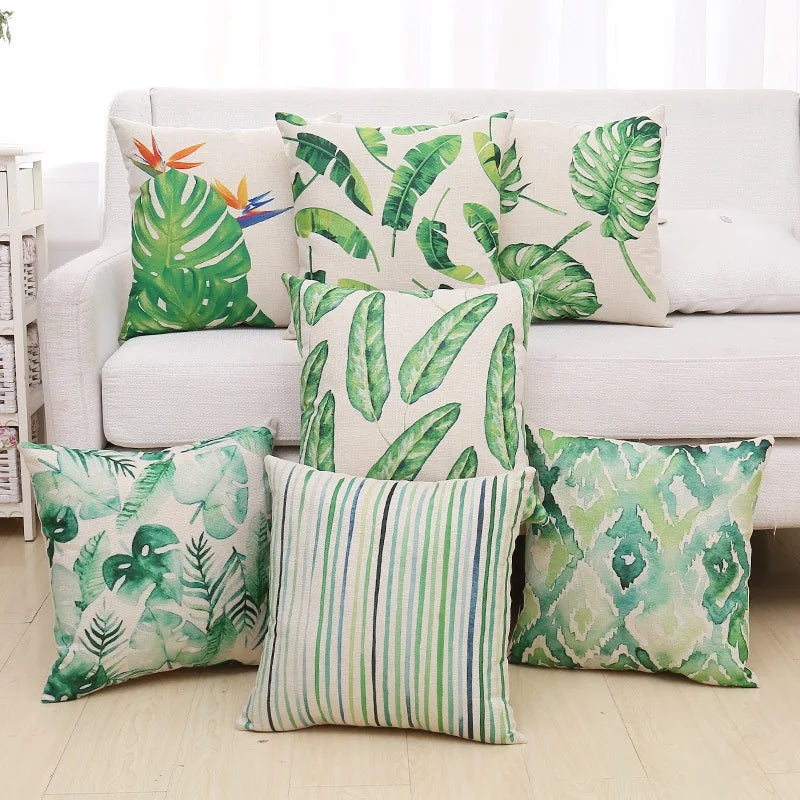 Afralia™ Green Plant Leaves Flower Linen Cushion Cover - Modern Sofa Throw Pillow Cover
