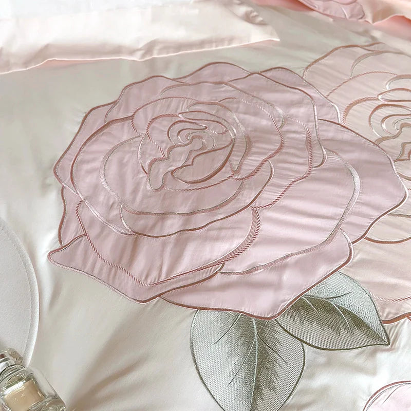 Afralia™ Pink Rose Applique Cotton Embroidery Bedding Set 500TC Soft Skin-friendly Duvet Cover