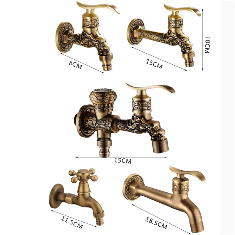 Afralia™ Antique Brass Dragon Carved Outdoor Washing Machine Faucet Cold Tap