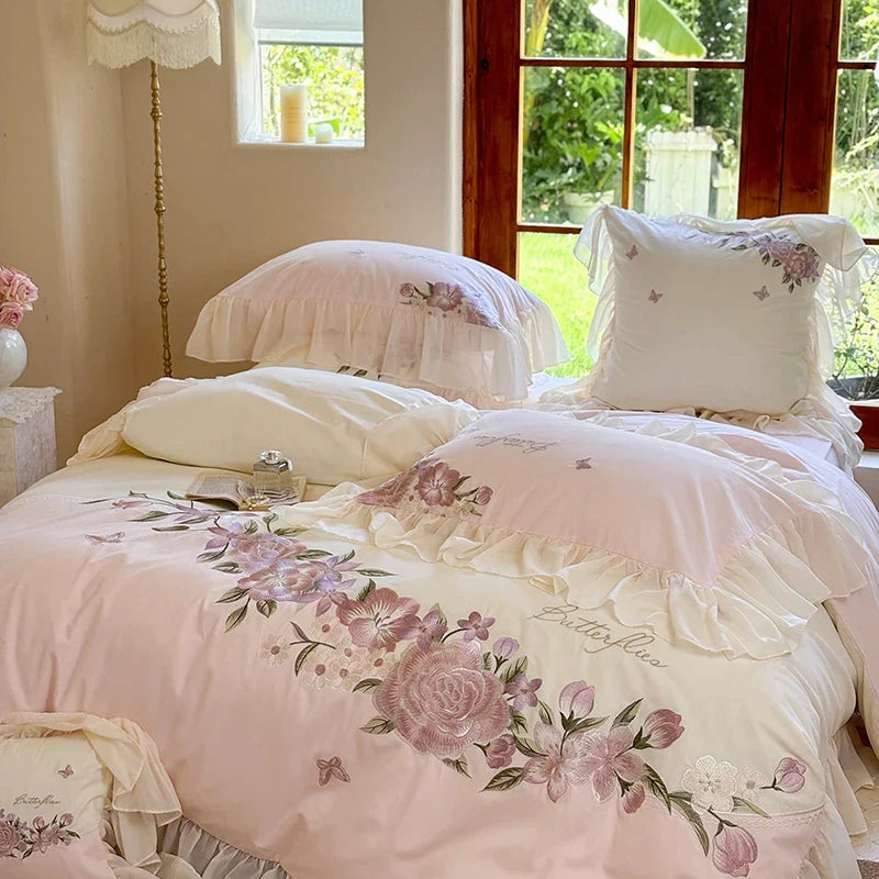 Afralia™ Flowers Lace Ruffles Wedding Bedding Set 1000TC Egyptian Cotton Duvet Cover Set