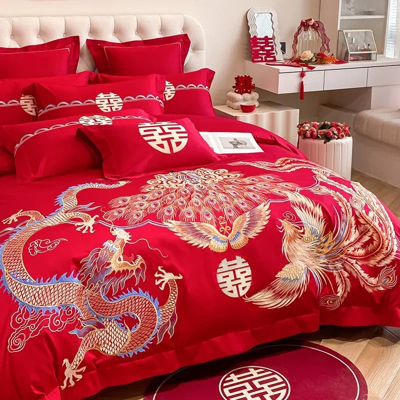 Afralia™ Red Wedding Cotton Bedding Set: King & Queen Sheet Pillowcase Duvet Cover