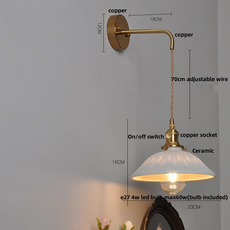Afralia™ Ceramic Brass LED Wall Light Pull Chain Switch Modern Nordic Design