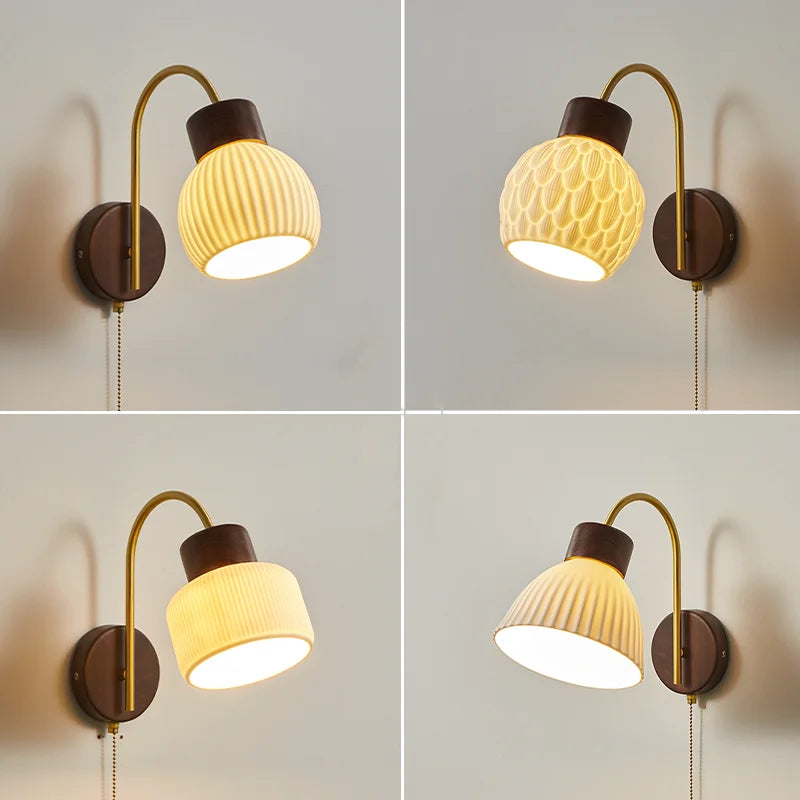 Afralia™ Ceramic Wood LED Wall Lights Modern Bedside Lamp for Home Decor