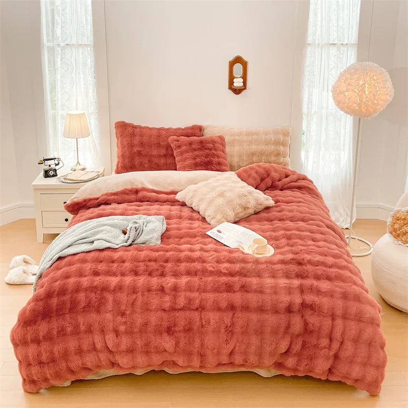 Afralia™ Velvet Fleece Princess Bedding Set in Pink Purple Grey Gradient, Luxury Duvet Cover & Faux Rabbit Fur