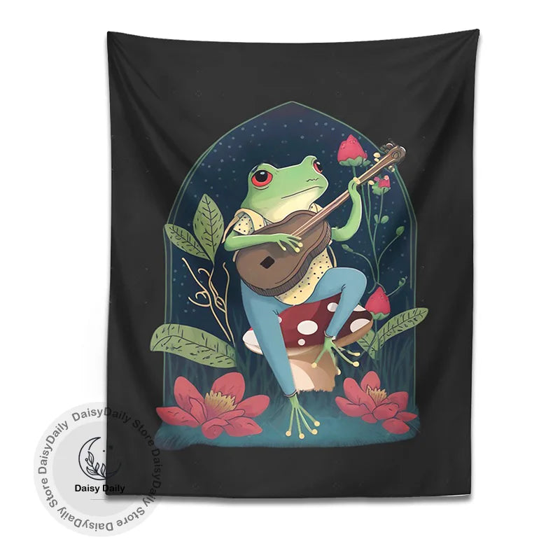 Afralia™ Psychedelic Frog Guitar Tapestry | Botanical Hippie Wall Cloth