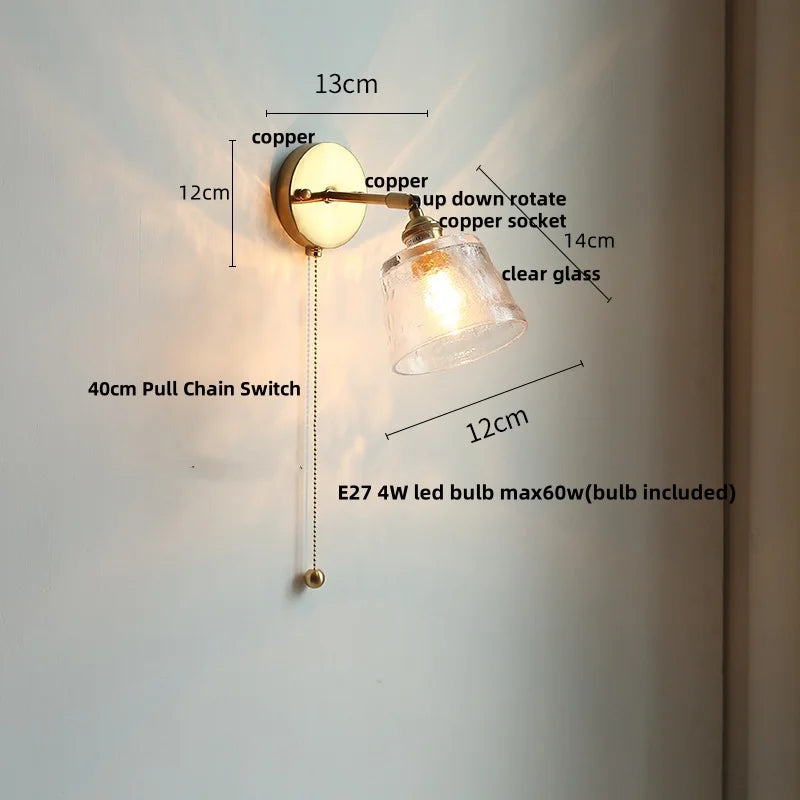 Afralia™ Glass Rotate Copper Wall Sconce | Pull Chain Switch LED Light Fixture