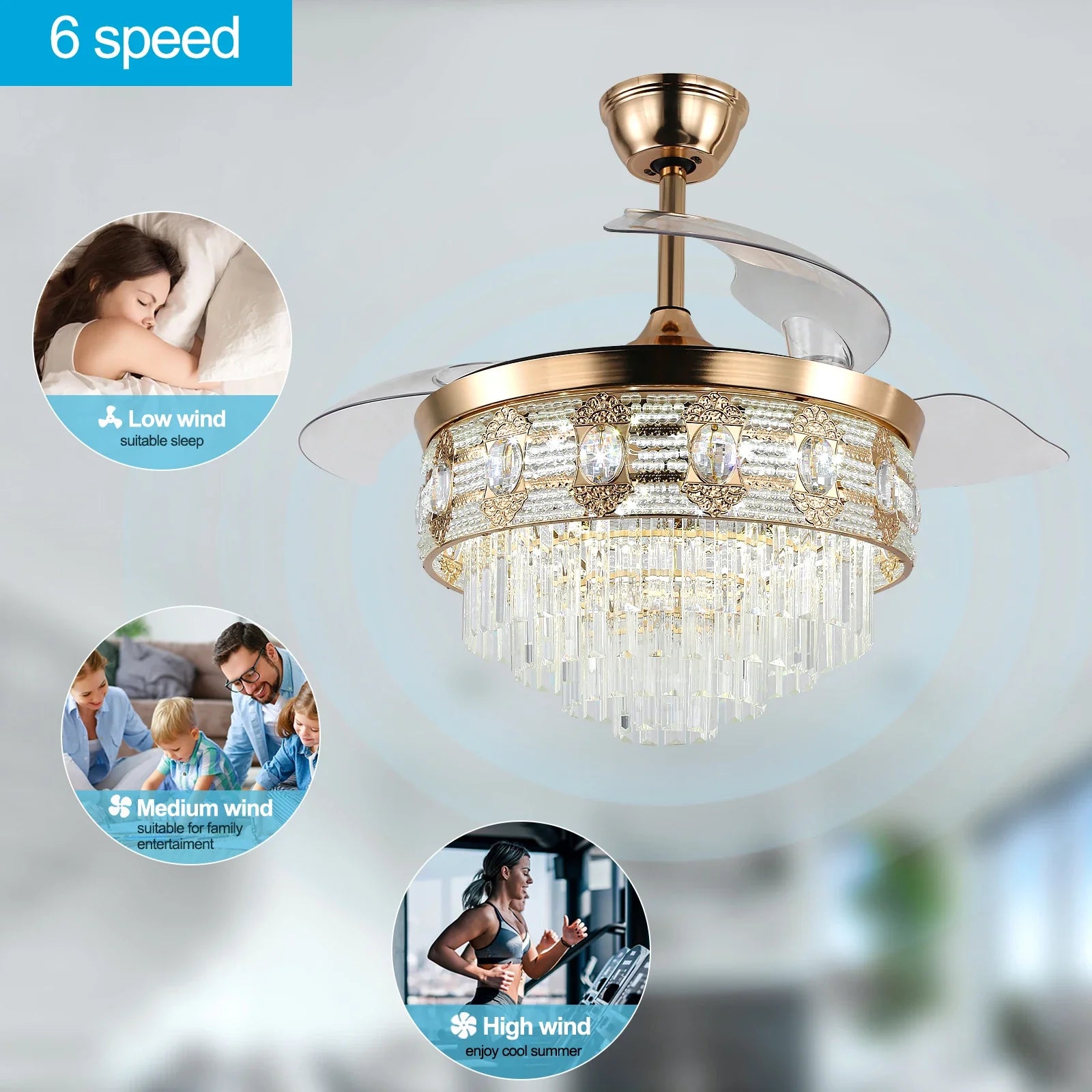 Afralia™ Gold Smart Ceiling Fan Chandelier with LED Lights, 6 Speeds, 3 Heads