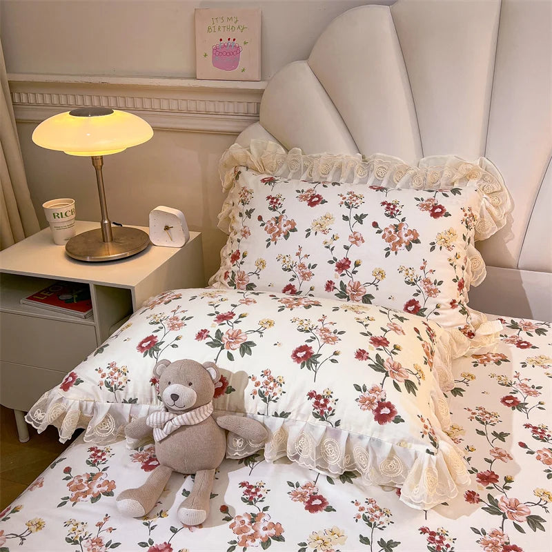 Afralia™ Princess Lace Ruffles Floral Bedding Set with Duvet Cover and Bed Skirt