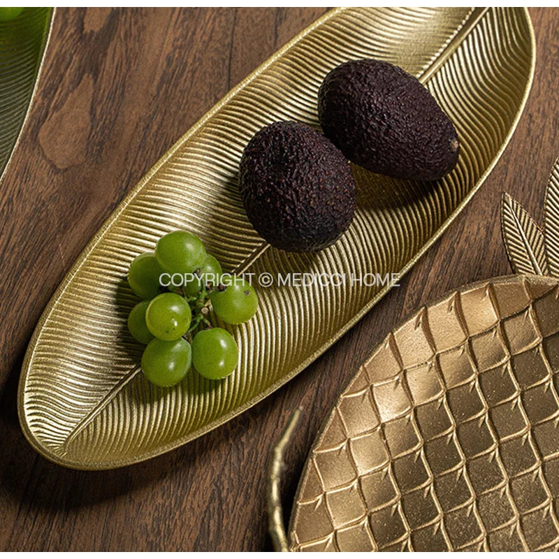 Afralia™ Leaf Shape Gold Paint Wooden Tray 14.5x40cm - Modern Decorative Tableware