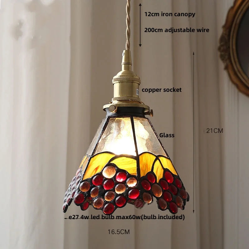Afralia™ Walnut Wood LED Pendant Light Fixture Wine Red Glass Vintage Brass Hang Lamp