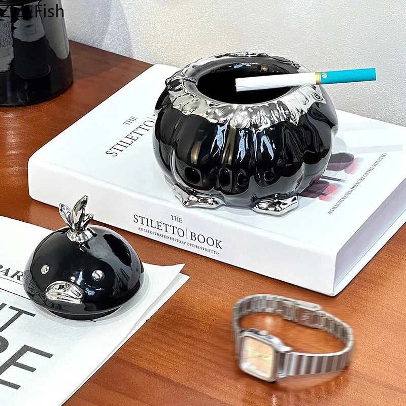 Afralia™ Garlic Duck Ceramic Ashtray with Lid - Unique Desk Decoration and Smoking Accessory