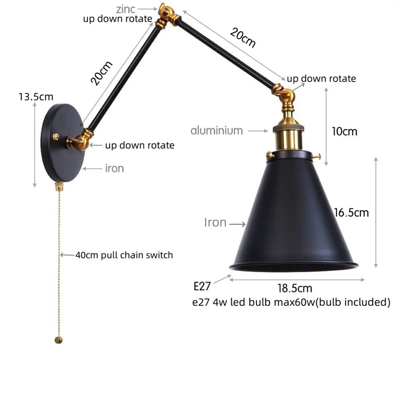 Afralia™ LED Long Arm Wall Lamp with Pull Chain Switch for Home Hotel Bathroom