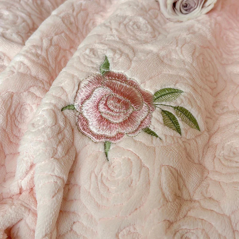 Afralia™ Pink Winter Milk Velvet Floral Ruffles Bedding Set
