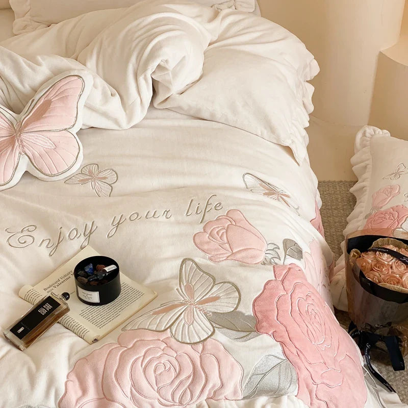 Afralia™ Lace Ruffles Princess Duvet Set, Butterfly Flowers Embroidery, Cozy Bedding with Bed Sheet & Pillowcases