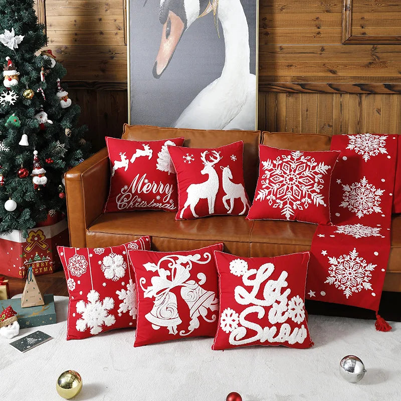 Afralia™ Christmas Embroidered Cotton Canvas Pillow Covers Snowflake Elk Decor