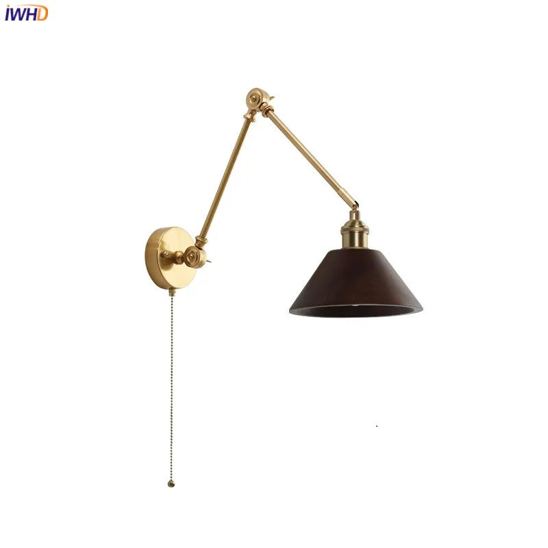 Afralia™ Copper Swing Arm LED Wall Sconce with Pull Chain Switch, Modern Nordic Wooden Lamp