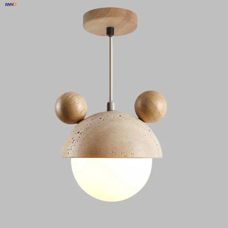 Afralia™ White Glass Ball Pendant Lights Yellow Travertine Wood Hang Lamp